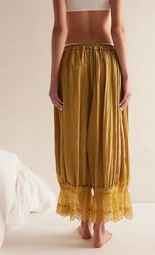Image of NUFIWI Women Ruffle Long Bloomer Y2k Lace Trim Pettipants Pantaloons Mid Rise Cropped Pajama Pants Under Dress Slips