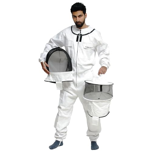 VIBEOUT Bee Suit Full Body Polycotton Beekeeping Clothes Fencing & Round Dual Veil Hood Hat Protective Beekeeper Suit Jacket Coat and Trouser Beekeeper Equipment for Men & Women (White Large)