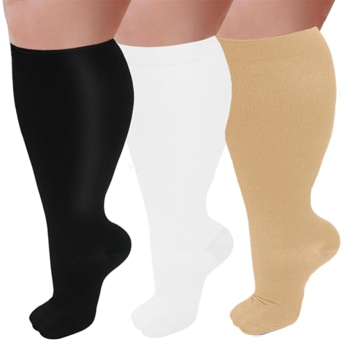 Everstride Compression Socks for Women Wide Calf, Plus Size Compression Socks for Women & Men Extra Large Knee High Support (3Pcs-C,2XL)