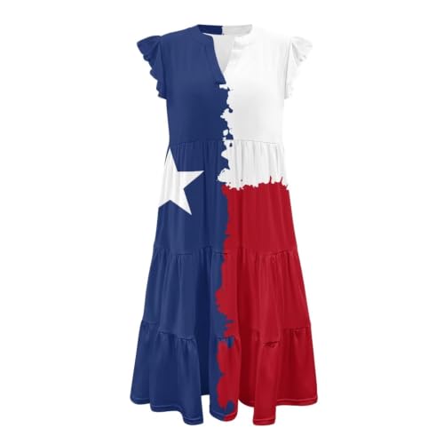 Image of Womens Summer Dress Ruffle Sleeve V Neck Dress Casual Fit Flowy Beach Vacation Sundress with Pocket S-2XL