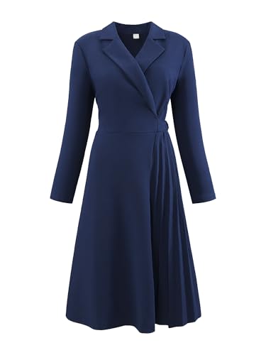 Image of Hobemty Women's Wrap Dress A-Line Pleated Midi Long Sleeve Dresses