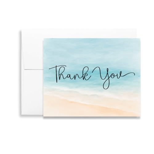 The Invite Lady Beach Thank You Cards For Bridal Wedding Shower Watercolor Painted Blank Inside With Envelopes (24 count)
