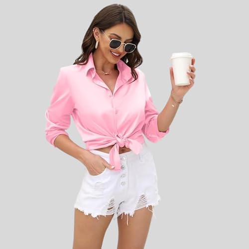 Image of IndoPrimo Women's Satin Shirt with Spread Collar Neck Line Solid Pattern Full Sleeves Regular Fit Western Style and Standard Length