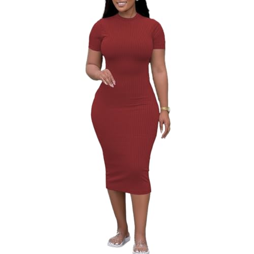 Image of TOPSRANI Women Sexy Midi Dress Bodycon Casual Sleeveless Basic Ruched Tank Summer Club Party Dresses