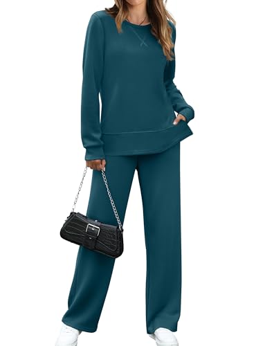 OFEEFAN Women Two Piece Outfits 2 PC Lounge Sets Fall Long Sleeve Travel Tracksuit Winter Fashion Loungewear Vacation Sweatsuit Wide Leg Pants Matching Set Teal M
