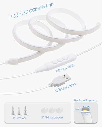 Image of 5V USB COB LED Light Strip with Dimmer 3.3FT Daylight White LED Rope Lights Indoor Tunable 6000K Super Density 320LEDs /M IP67 Waterproof LED Tape Light for Bedroom TV Backlight Mirror Decor