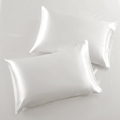 Image of SiinvdaBZX 3-Piece Set Satin Full Fitted Sheet & 2 Pillowcase, Ivory White Silky Soft Fitted Bottom Sheet, Wrinkle Free, Fade Resistant, Deep Pocket Bed Sheet (Deep Up to 15 inch)