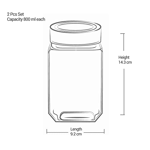 Treo by Milton Cube Storage Containers, Set of 2, Glass Jar with Air Tight Steel Lid, 800 ml each, Transparent Jars for Snacks, Pulses, Masala, Pickles, Cereals, Cookies, Dry Food