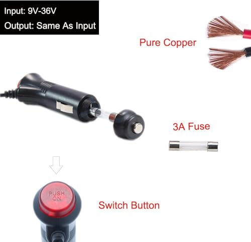 Image of 12V /24V Car Cigarette Lighter Power Supply Adapter Male Plug Extension 1.5 Meter Cable with Switch Button.