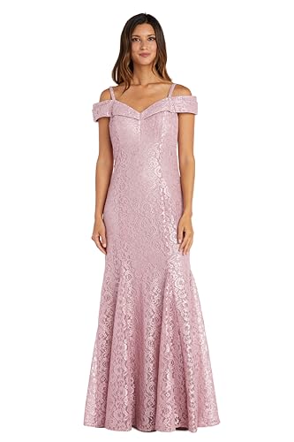 Image of R&M Richards Women's Off The Shoulder Formal Gown - Glitter Lace Mermaid Evening Dress for Wedding Guest & Cocktail Attire