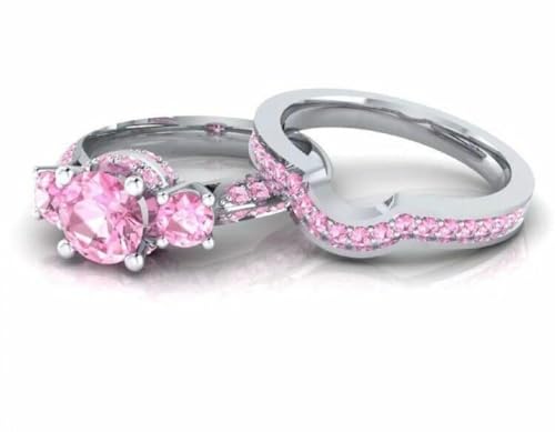 Round Cut Pink Sapphire 3-Stone Wedding Bridal Ring Set 925 Sterling Silver 14K White Gold Finish3
