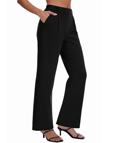 DLOODA Womens Dress Pants High Waisted Straight Leg Work Pants Pull On Business Casual Trousers Slacks with Pockets Black 0M