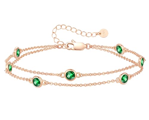 LOUISA SECRET Damen Armband Layered mit Geburtsstein Anhängern Doppelt Kette für Frauen Mädchen 925 Sterling Silber Armbänder, Geburtstag Jahrestag Weihnachten Geschenk für Sie Frauen Freundin Mutter