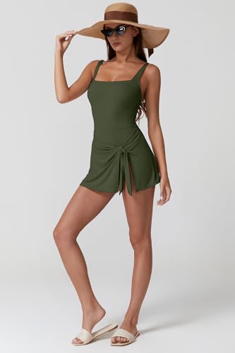 Image of QINSEN Square Neck Swim Dress for Women Tummy Control One Piece Swimsuit Wrap Bathing Suit
