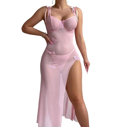 PARUPRUP Damen Sexy Negligee Nachthemd mit Bügel Nachtwäsche Push Up Mesh Chemise Nachtkleid Dessous Lingerie Dress Schmetterling-Stickerei Schlitz...