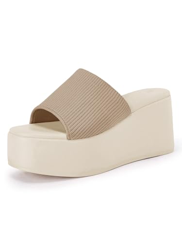Image of Coutgo Womens Platform Slides Sandals Square Open Toe Slip On Elastic Band Casual Lightweight Wedge Shoes