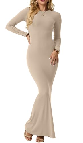 IWOLLENCE Bodycon Kleid Damen Langarm Maxi Dress Elegantes Figurbetontes Geripptes Kleid Rundhals Langes Enges Kleid Sexy Damen Maxikleid (Khaki, S)