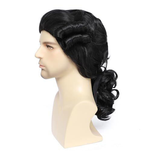 Image of Men's 18th Century Colonial Wig, Short Curly Judge Wig with Ponytail, Historical Costume Wig for Hamilton, Halloween, Theater and Cosplay (Black)