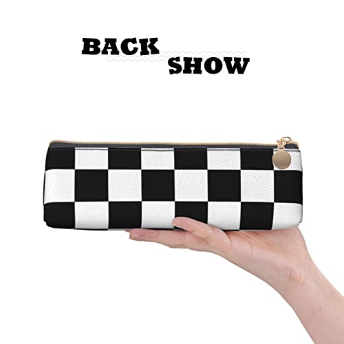 Image of Black White Race Checkered Flag Pattern Leather Pencil Case Zipper Pen Makeup Cosmetic Holder Pouch Stationery Bag for School, Work, Office