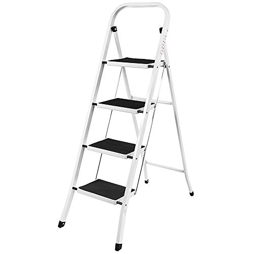 Trade Professional escalera de acero de 4 peldaños - Equipada con dos pasamanos de seguridad con virolas de goma moldeadas antideslizantes - Capacidad de carga de 150 kg para el hogar/cocina/garaje