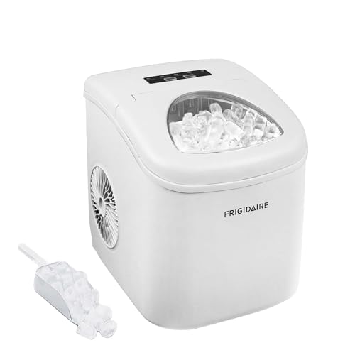 Frigidaire portable compact maker, counter top ice making machine in color white.