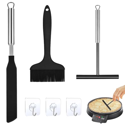 yolzhxe 3 Stück Crepes Verteiler Spatel Set Edelstahl Crepes Wender Kochpinsel Pfannkuchen Teigverteiler T- Form mit 3 Selbstklebend Hooks Crepe Spreader für Küche Backen Kochen Backwerkzeuge