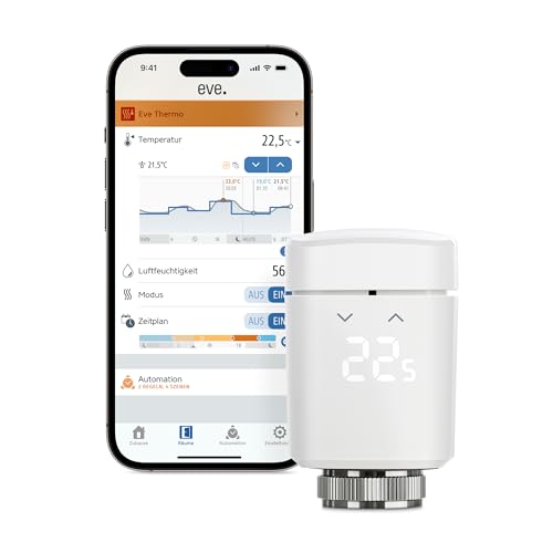 Eve Thermo (Matter): Smartes Heizkörperthermostat, LED-Display, Heizkosten sparen, funktioniert mit Alexa, Apple Home, Samsung SmartThings, Google Home, benötigt Thread Border Router