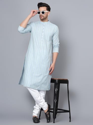 Image of LATEST CHIKAN Men's Cotton Regular Striped Knee Lenght Kurta Full Sleeves - Casual Ethnic Wear