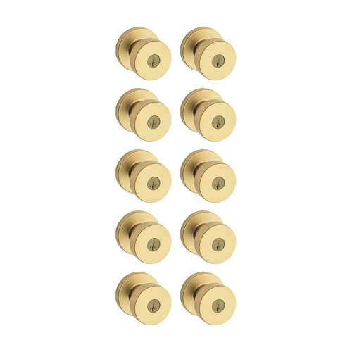 Image of Kwikset Pismo Entry Door Knob with Lock and Key, Secure Keyed Handle Exterior, Front Entrance and Bedroom, Satin Brass, 10 Pack, Pick Resistant SmartKey Rekey Security