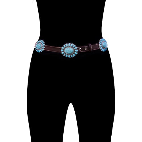 Western Turquoise Flower Metal Concho Leather Belt No.103