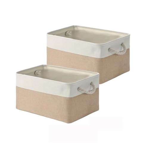 QWWQYDY Cestas Almacenaje 2 cestas grandes de almacenamiento con asas de cuerda, caja de tela plegable, organizadora for sala de estar y juguetes infantiles.(WHITE AND KHAKI,41X31X21cm)