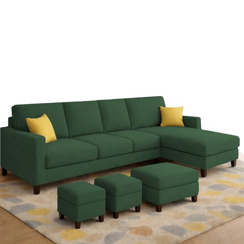 Image of Casaliving Rolando RHS 6 Seater L Shape Sofa with 2 Puffy & Ottoman Set for Living Room | Sofa Set for Living Room (Green) Premium Fabric 4 Seater Sofa