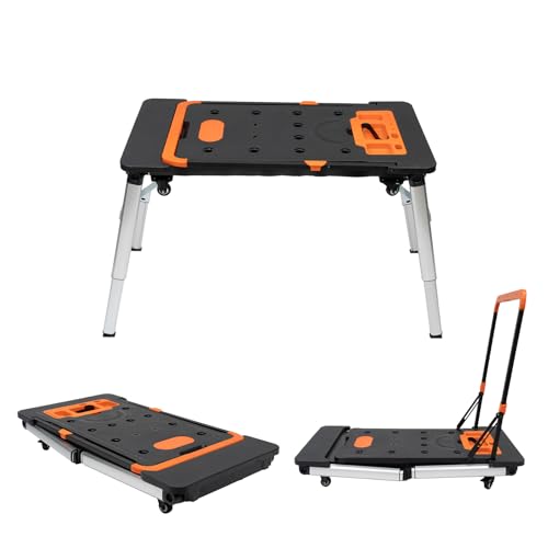 Folding Workbench 551lbs Capacity Adjustable Height Portable Table Scaffold Sawhorse Dolly Hand Truck with Tray & 4 Wheels