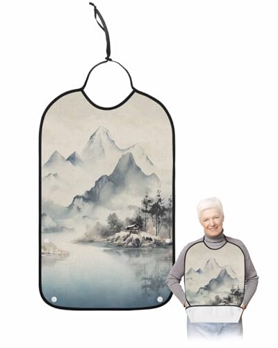 LEOKOTI Landscape Painting Adult Bibs for Eating, Waterproof Bibs with Food Catcher & Adjustable Snap Closure, Watercolor Mountains Farmhouse Washable Clothing Protectors Adult Bibs for Elderly
