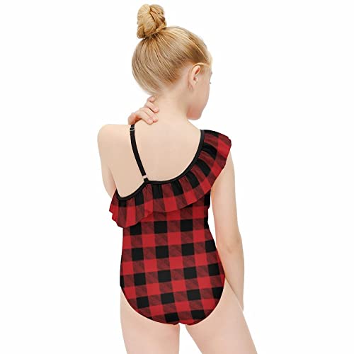 Red Buffalo Plaid Girl's Swimsuit One Piece Ruffle Bathing Suit Swimwear Beachwear3