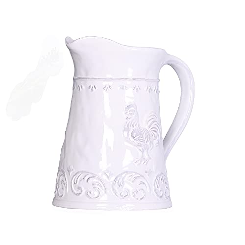 Gift Craft White Farmhouse Rooster Pitcher - White Ceramic Pitcher - Rustic White Pitcher for Dinner or Party - Large White Pitcher with Spout - Farmhouse White Pitcher for any Occassion