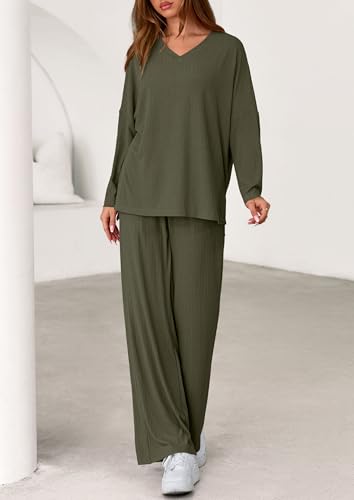 PRETTYGARDEN 2 Piece Lounge Sets for Women Fall Outfits 2025 Casual Loose Long Sleeve Tops Wide Leg Pants Matching Pajama Set