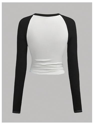 COZYEASE Girl's Color Block Graphic Tees Long Sleeve Crew Neck T-Shirt Ruched Fitted Tops2