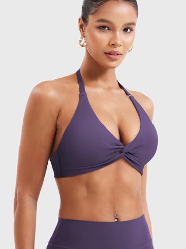 Image of YEOREO Halter Sports Bras for Women Low Impact Removable Padded Adjustable Deep V Bra Seamless Workout Gym Crop Tops