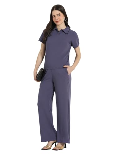 Image of Selvia Solid Two-Piece Co-Ord Set for Women, Top & Wide-Leg Trouser Pants