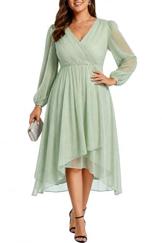 Image of Talisea Plus Size Cocktail Dress - Formal Wedding Guest Fall Long Sleeve A Line Pleated V Neck Midi Dresses for Curvy Women
