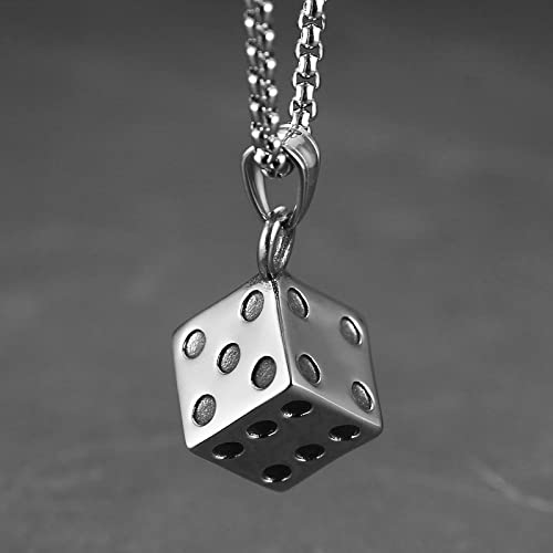 HZMAN Men's Dice Necklace, Stainless Steel Gothic Bar Pendant, Lucky Jewelry 22+2 Inch Box Chain (Silver)3