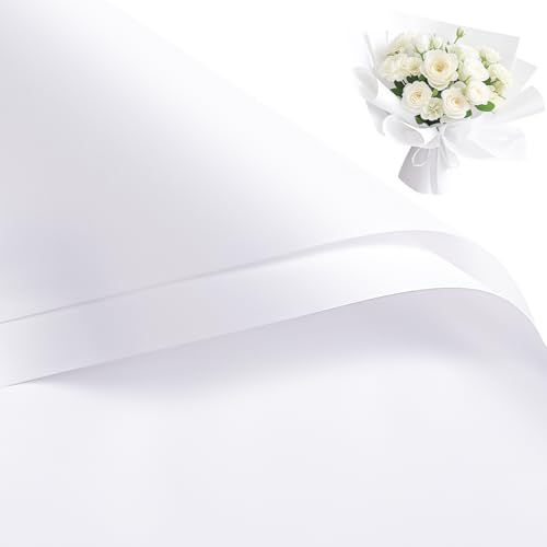 RUSPEPA 20 Sheets Flower Wrapping Paper Waterproof Floral Bouquet Wrapping Paper Florist Supplies Packaging for Birthday Party Wedding and DIY Crafts - White