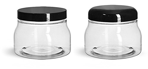 8 oz w/Dome Cap Clear PET Tuscany Jars w/Black Smooth Plastic Caps