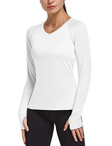 BALEAF Women's Long Sleeve Running Shirts Thumbholes Quick Dry V-Neck Workout T-Shirts Exercise Hiking White M
