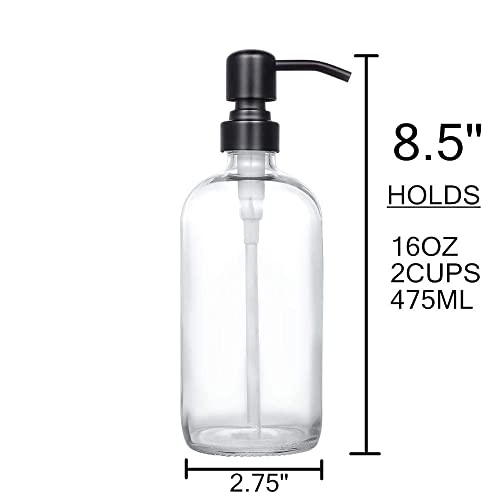 2 Pack Thick Clear Glass Pint Jar Soap Dispenser With Matte Black Stainless Steel Pump, 16Ounce Clear Boston Round Bottles Dispenser With Rustproof Pump For Essential Oil, Lotion Soap #TOP6
