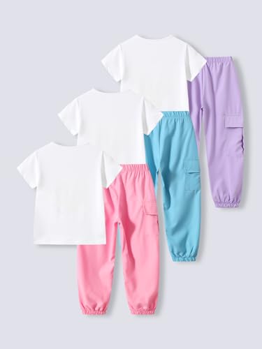 Image of Girls 6 Piece Outfits Casual Cargo Jogger Pants and Basic Love Graphic Print Short Sleeve Top Set 4-12 Years