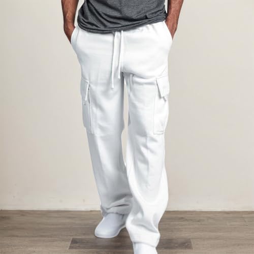 Men Cargo Sweatpants Drawstring Straight Leg Casual Trousers Loose Fit Baggy Athletic Jogger Pants with Pockets