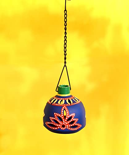 Image of Terracotta Handpainted Blue Matki Hanging Tea Light