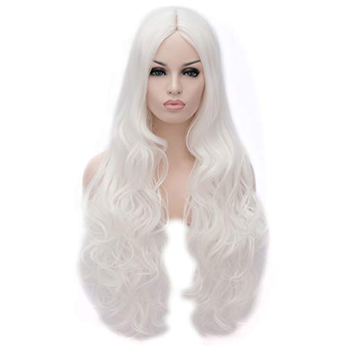 Flovex Women Long Wavy Cosplay Wigs Ladies Sexy Natural Costume Club Party Daily Hair with Wig Cap (White)